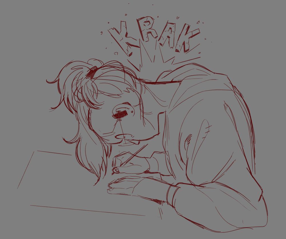 red digitally sketched drawing of iceghost leaned over her page holding a pencil, neck completely flat 90 degrees to her body, her eyes wide as a resounding KRAK erupts from the back of her neck