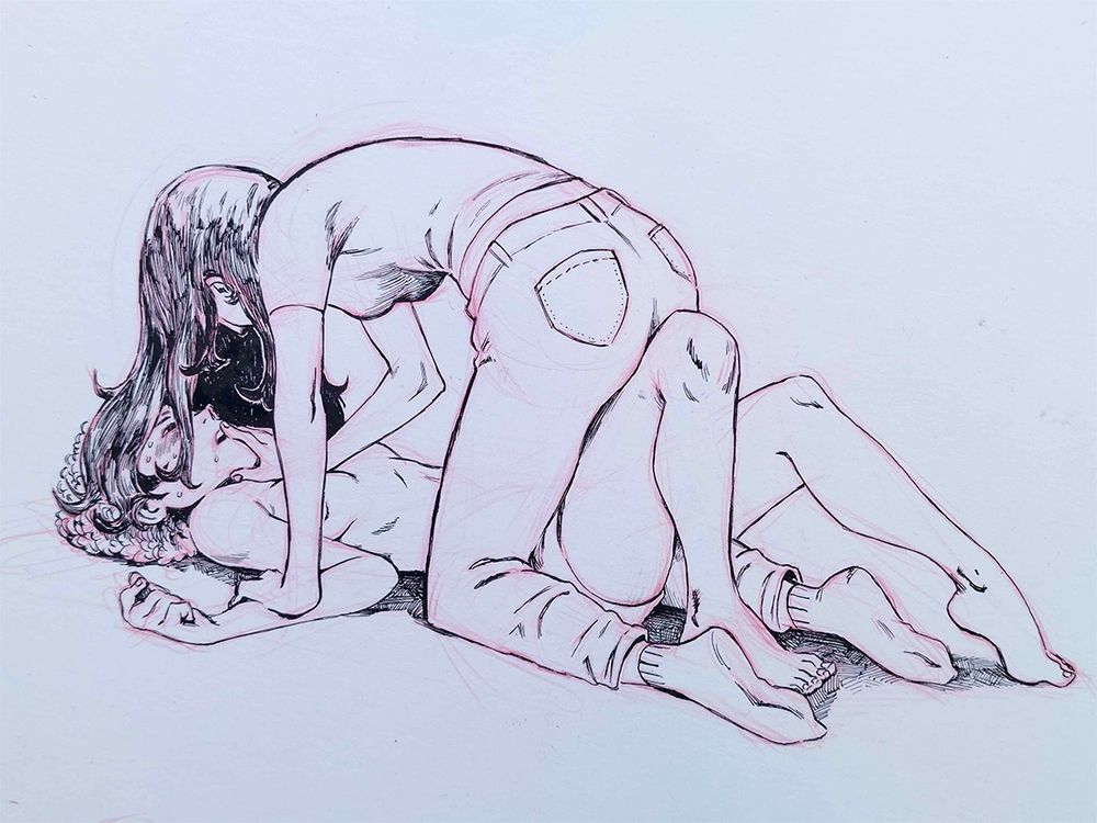 Ink drawing, a woman is straddling the leg of another woman below her, pinned down, lips lightly touched and face caged in by the woman above's long flowing hair