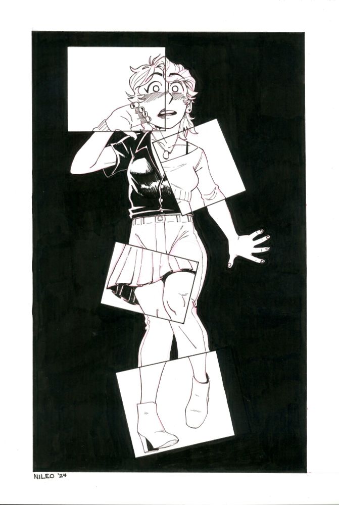 An androgynous figure floats in a black void, wearing masc-coded clothing, but with square frames overlaid atop them revealing femme-coded clothing and light