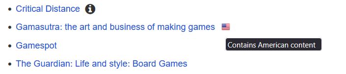 a LibGuide for writing narrative in games. this is a list of 4 popular media/game review websites. from top to bottom: Critical Distance, Gamasutra: the art of business of making games (with a icon of the American flag that says "Contains American content," Gamespot, and The Guardian: Life and style: Board Games