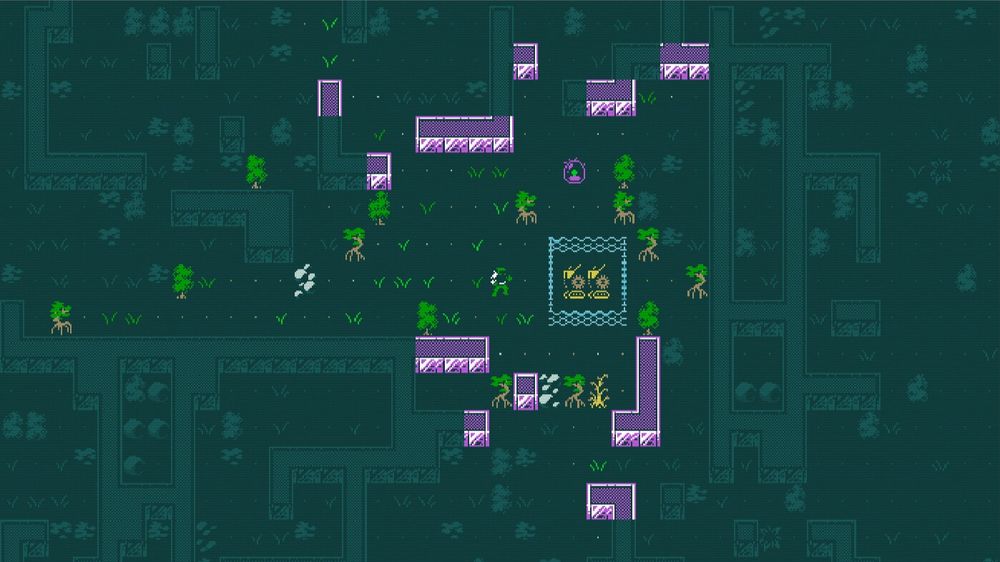 Screenshot from Caves of Qud gameplay highlighting its use of a limited color palette to direct attention.