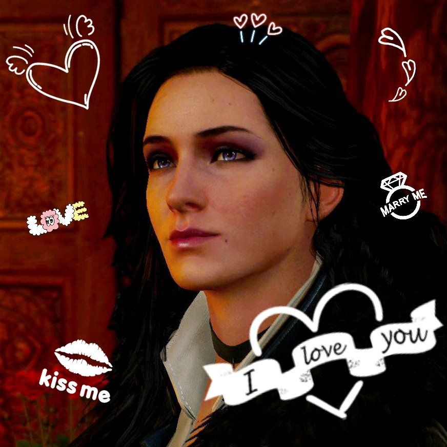 screenshot of Yennefer of Vengerberg from The Witcher 3 with stickers of hearts and other affectionate phrases over it