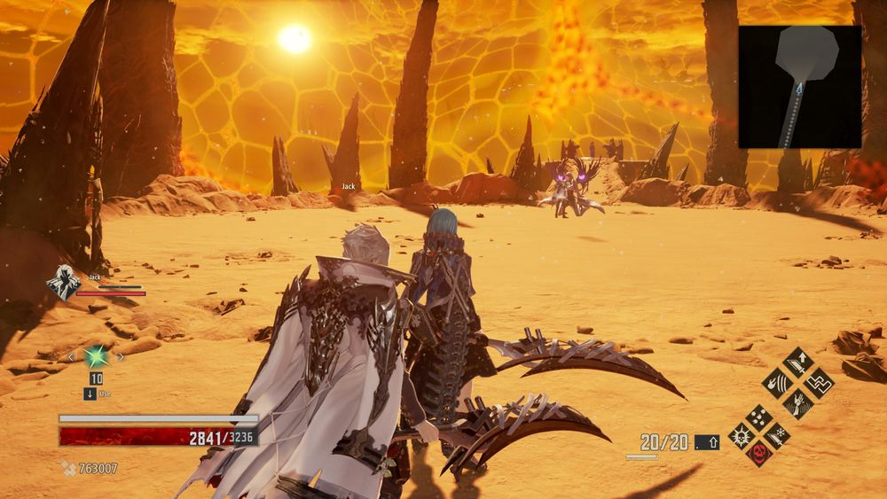 Code Vein screenshot from just inside the Crypt of the Throat. In the distance, Jack stands with the transformed Eva, preparing for the coming encounter. In the foreground, the player character stands with companion Jack behind her.