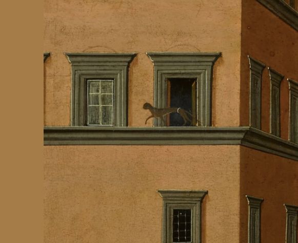 A cat can be seen on a window ledge in Botticelli's 'Scenes from the life of the St Zenobius', c. 1500.