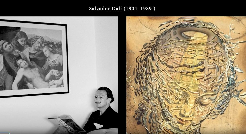 Screenshot from Raphael A Portrait showing Dali on the left surrounded by an artwork by Raphael and an artwork by Dali influenced by Raphael. 