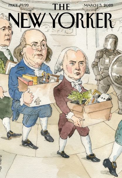 For the upcoming cover of The New Yorker, the artist Barry Blitt puts a historical slant on the crisis in the USA w/ Alexander Hamilton, Benjamin Franklin & James Madison packing up their desks.