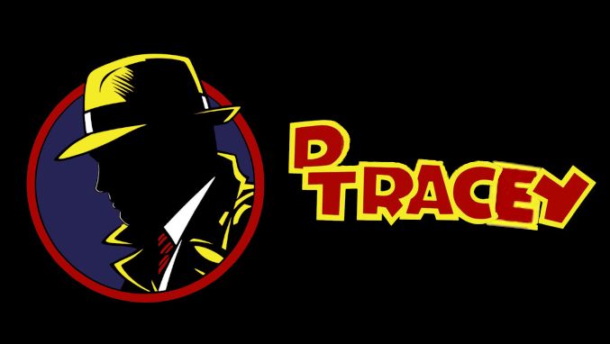 Text says "D. Tracey" with a silhouette of a familiar yellow-suited detective.