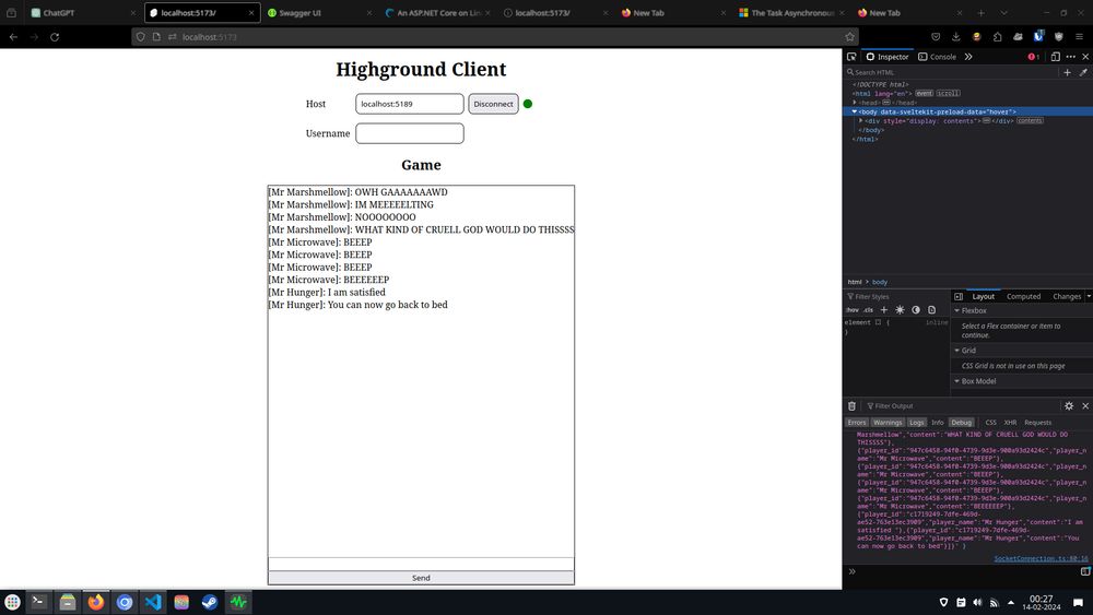 A basic chatroom with 3 people in it. The chat log is as follows:

[Mr Marshmellow]: OWH GAAAAAAAWD
[Mr Marshmellow]: IM MEEEEELTING
[Mr Marshmellow]: NOOOOOOOO
[Mr Marshmellow]: WHAT KIND OF CRUELL GOD WOULD DO THISSSS
[Mr Microwave]: BEEEP
[Mr Microwave]: BEEEP
[Mr Microwave]: BEEEP
[Mr Microwave]: BEEEEEEP
[Mr Hunger]: I am satisfied
[Mr Hunger]: You can now go back to bed