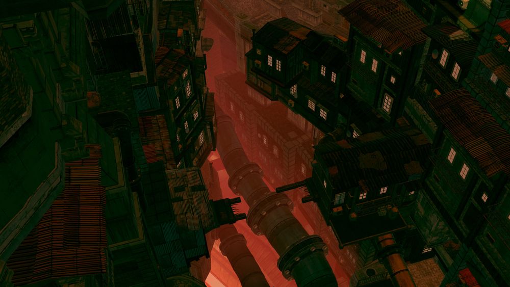 Deep Kowloon like city structure runs deep into the city's lower parts Large plumbing running though buildings overhang nearly connecting with each other.