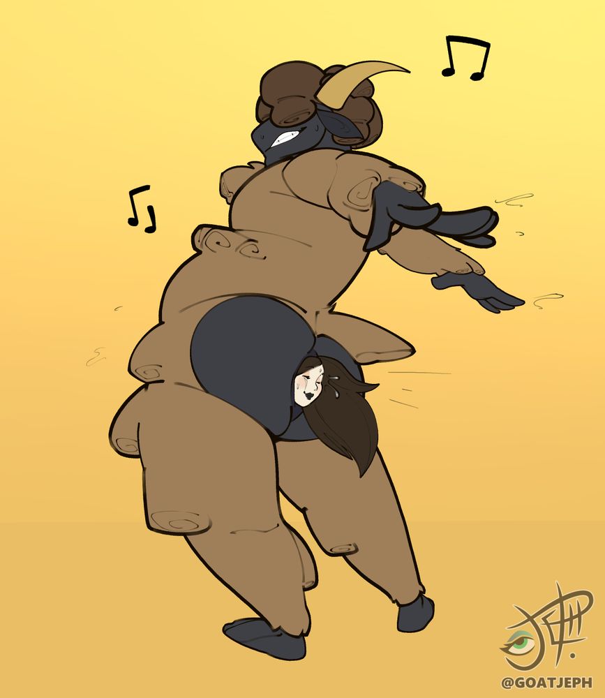 An anthro sheep dances, oblivious to any discomfort felt by his human prey, hanging out of his anus. She doesn't seem to mind, thankfully

