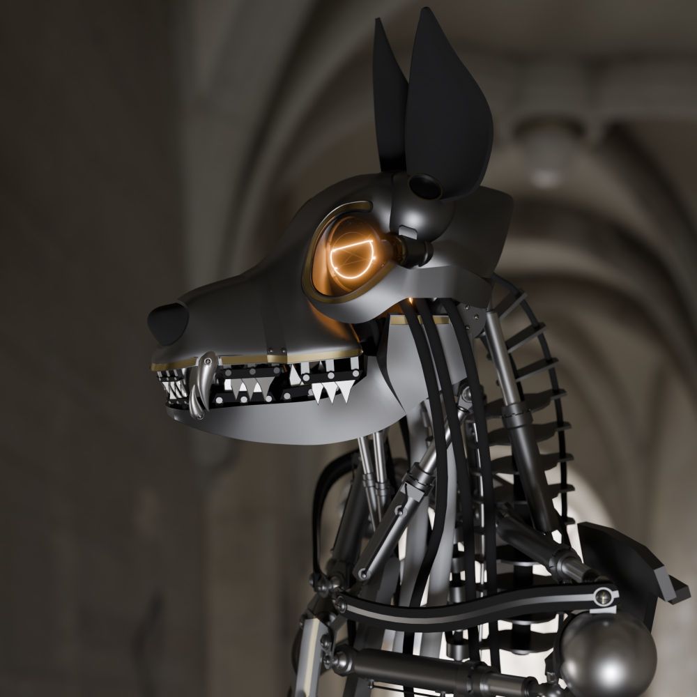 A robotic canine in profile view, showing off incandescent eyes glowing orange