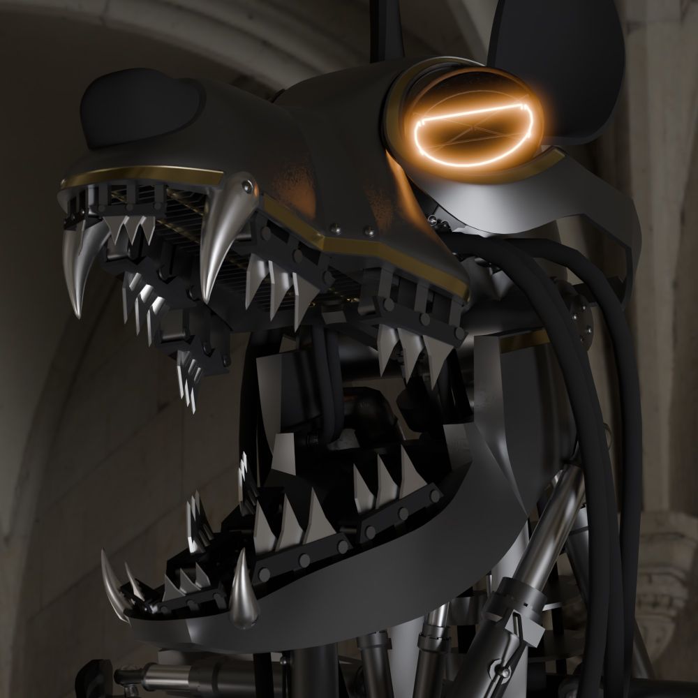 A robotic canine, jaws wide open showing off a heat sink along the roof of its mouth