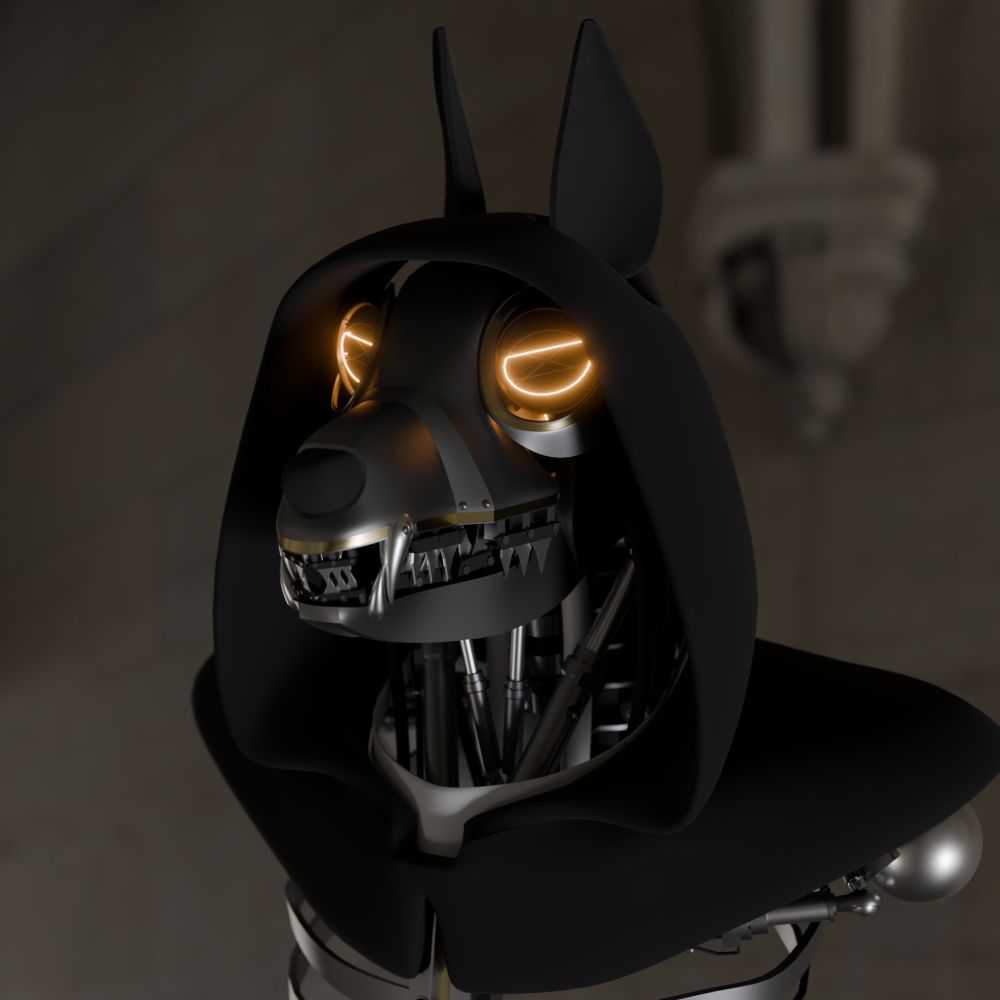 A robotic canine front view, a hood darkening its face, its most noticeable detail glowing incandescent eyes with a mildly angry expression