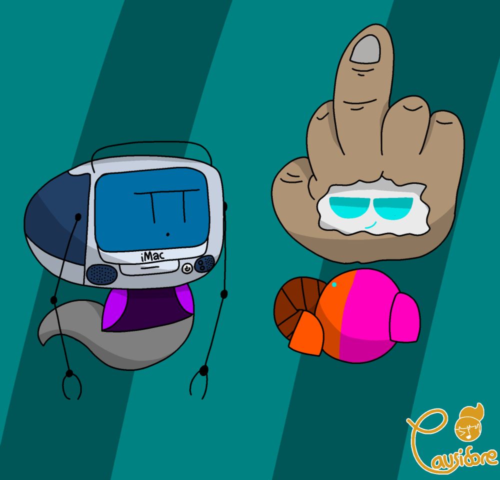 Nibota costumed as an iMac G3 looking disappointedly at Nejeka, who is wearing a foam hand giving the middle finger on his head.