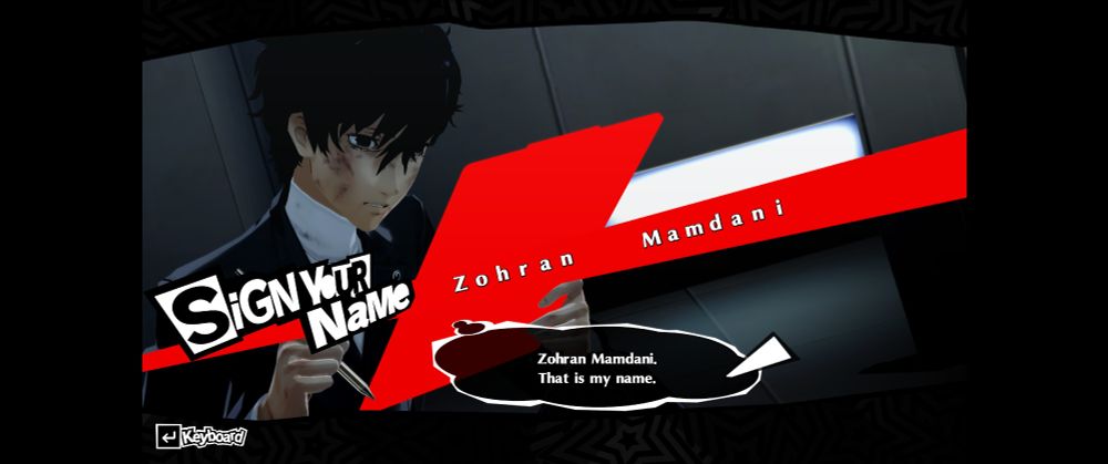 Persona 5 name selection screen, where I entered "Zohran Mamdani" 