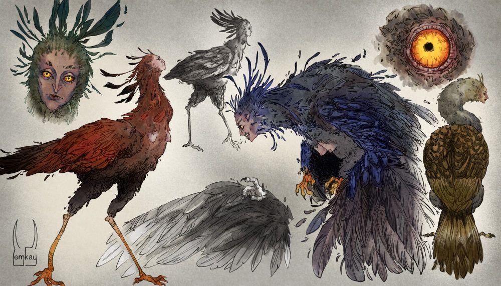illustrations of harpies - their bodies resemble secretary birds, thay have humanoid faces with thin, pointy noses and sharp teeth