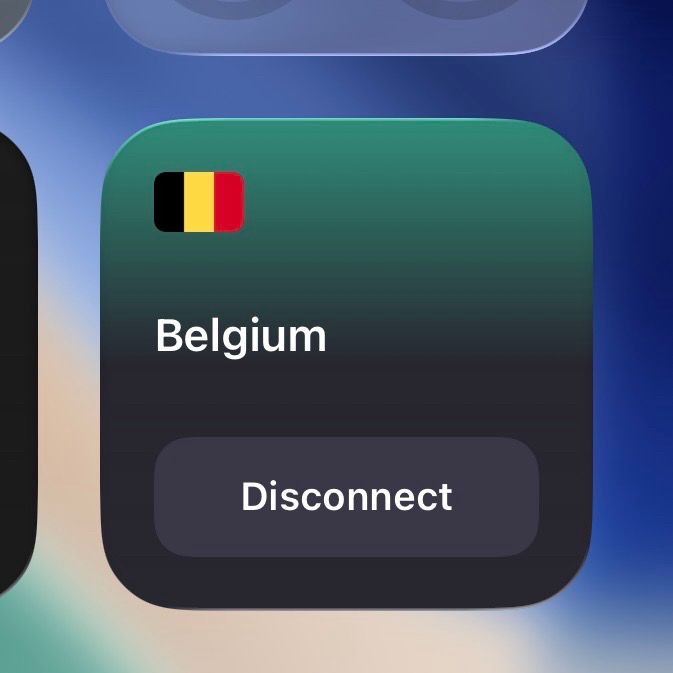 The image shows a portion of a smartphone or tablet screen displaying a VPN (Virtual Private Network) app interface. The interface is currently connected to a server in Belgium, as indicated by the country’s name and its flag (black, yellow, and red vertical stripes). There is a prominent “Disconnect” button, suggesting the user is actively connected to the VPN and can tap it to end the connection. The background features a gradient of green to dark colors, which is typical of some iOS widgets or quick settings.