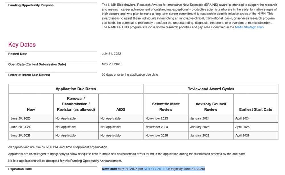 Screenshot of NIMH BRAINS funding opportunity. The expiration date is now before the next application due date.