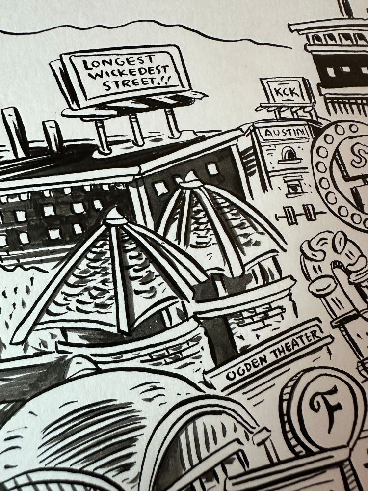A close up of an inked illustration of East Colfax Avenue, Denver, CO.