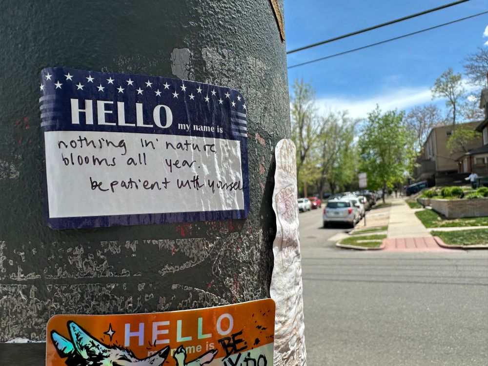A ‘Hello! My name is…’ sticker on a pole with the message “nothing in nature blooms all year. be patient with yourself” written on it.