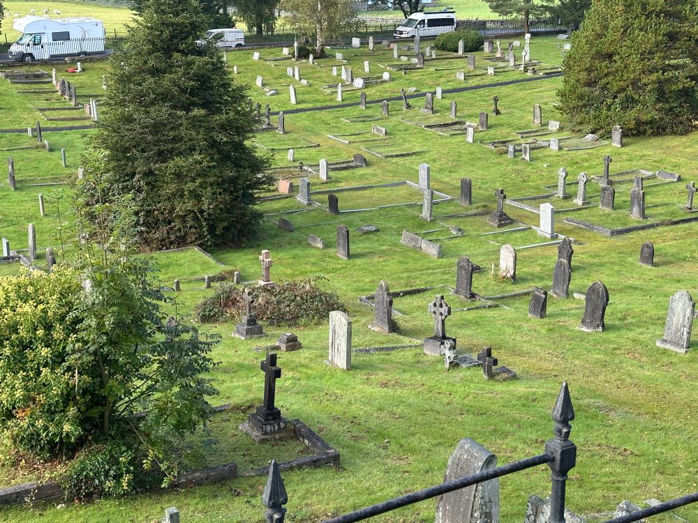 A misty morning walk through a graveyard.
