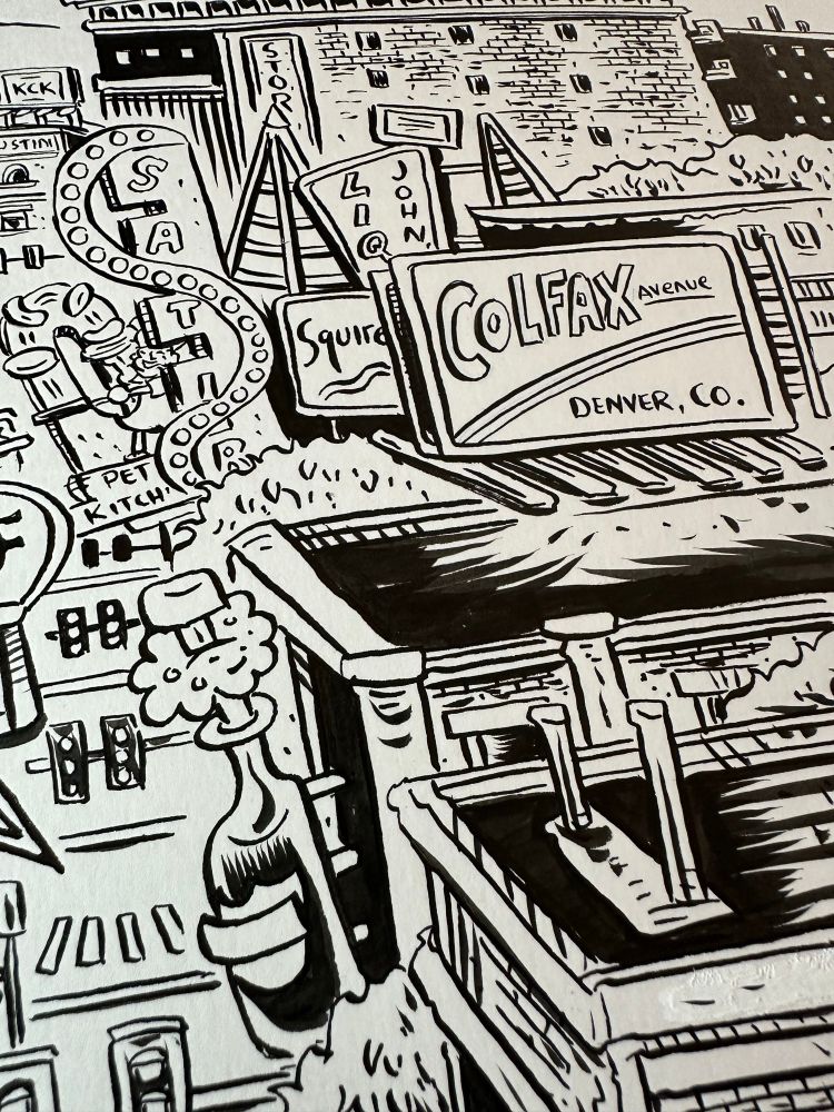 A close up of an inked illustration of East Colfax Avenue, Denver, CO.