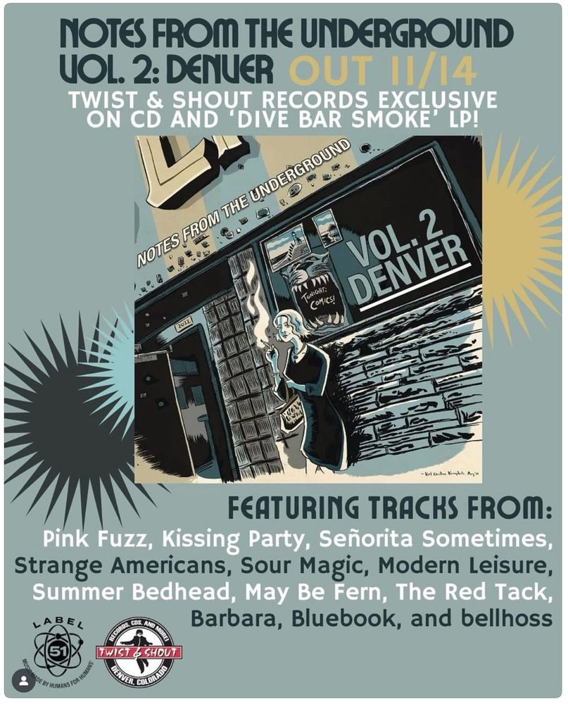 An illustration of a woman smoking outside Denver’s Lion’s Lair venue, the cover artwork for the new ‘Notes From the Underground, Vol 2: Denver’ album and a listing of the details and bands included. 