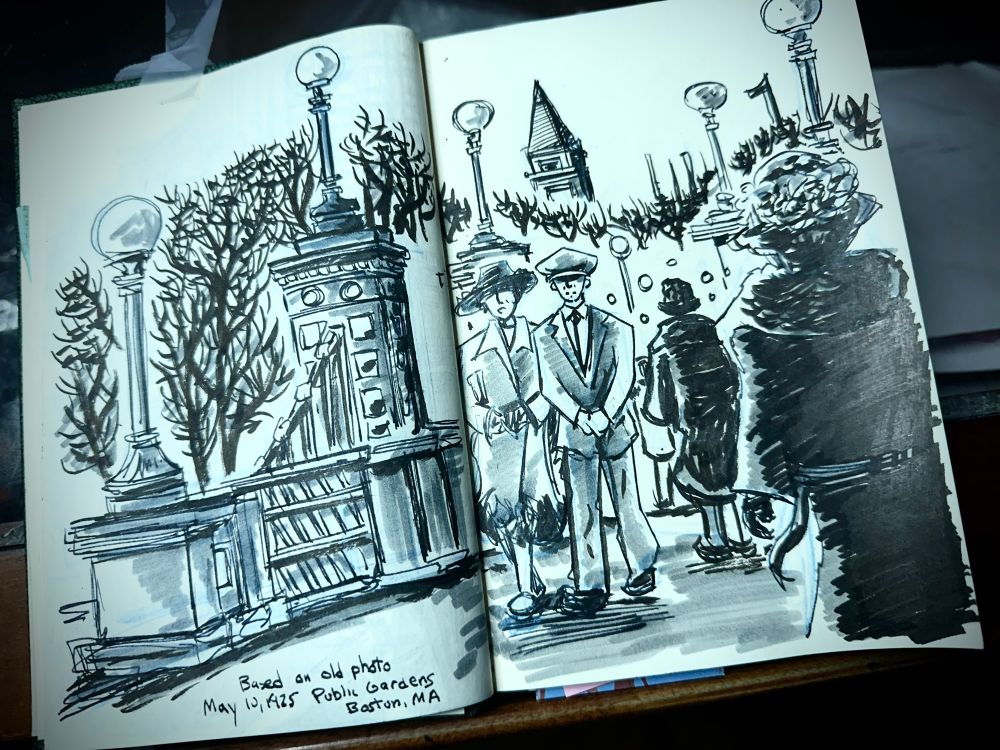 A sketchbook illustration based on an old photo: May 10, 1925, Public Gardens, Boston, MA. 