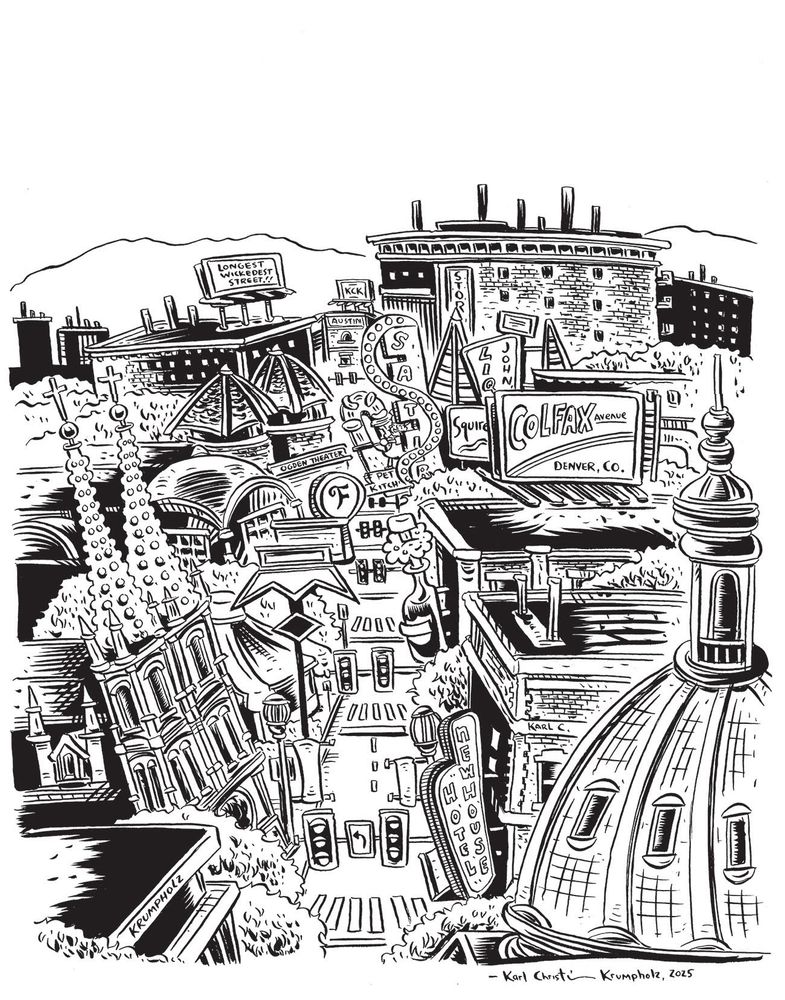 An inked illustration of East Colfax Avenue, Denver, CO. 