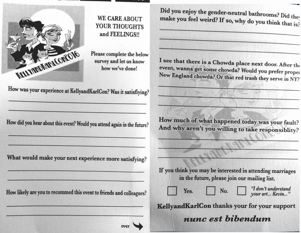 The front and back of comment cards given out at KellyandKarlCon 2016. 