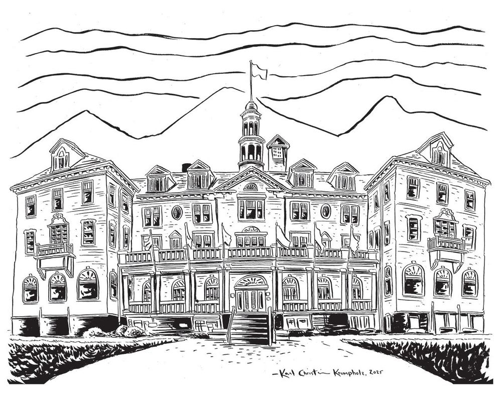 A pen and ink illustration of the Stanley Hotel in Estes Park, CO. 