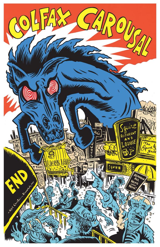An illustration of a blue demonic horse attacking East Colfax, Denver CO, artwork for the Colfax Carousal event. 