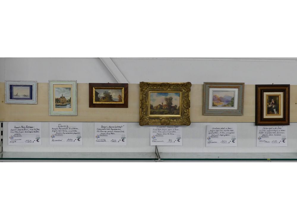 Es reihen sich Seite an Seite Zier- und Prunkgerahmte Kunstwerke. Diese sind mit Infoschildern ausgestattet, die etwas zu Künstlern und Stilistiken aussagen und die Bepreisung angeben. Landschafts- und Küstengemälde, Reisemalerei und Stillleben sowie historische Bewandnisse und Portraits sind die Motive der Gemälde.