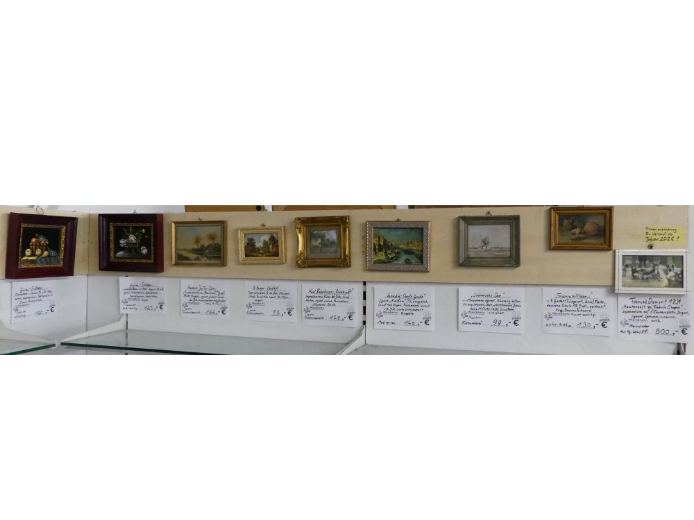 Es reihen sich Seite an Seite Zier- und Prunkgerahmte Kunstwerke. Diese sind mit Infoschildern ausgestattet, die etwas zu Künstlern und Stilistiken aussagen und die Bepreisung angeben. Landschafts- und Küstengemälde, Reisemalerei und Stillleben sowie historische Bewandnisse und Portraits sind die Motive der Gemälde.