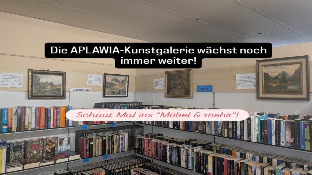 "Die APLAWIA-Kunstgalerie wächst noch immer weiter!" und "Schaut mal ins "Möbel & mehr"!" sind die Einblendungen über einem Foto das eine Ladenecke voller Bücherregale zeigt, über denen 4 mittelgroße Gemälde aufgehängt wurden. Jeweils daneben sind Preisschilder mit Beschreibungen und Einordnungen der Kunstwerke angebracht.