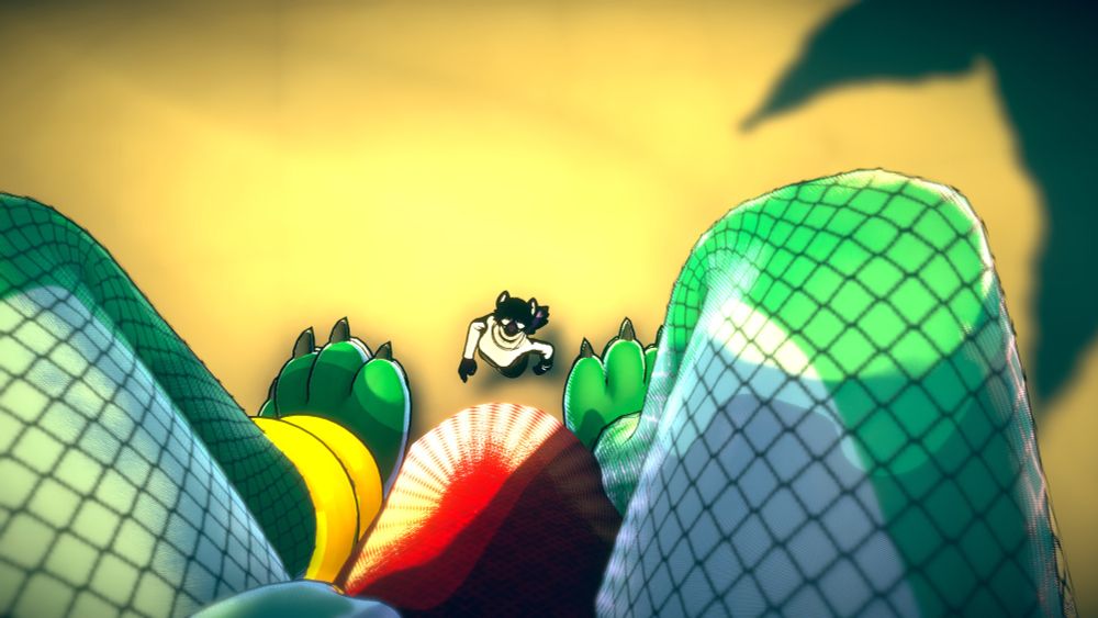 A small hyena about the size of a toe is looking up at a green set of fishnets taking a picture on the beach