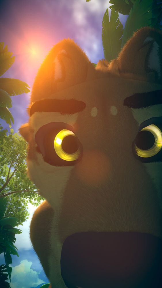 A fluffy golden-eyed timber wolf has its nose right up to you to sniff you. It's looking at you with curiosity