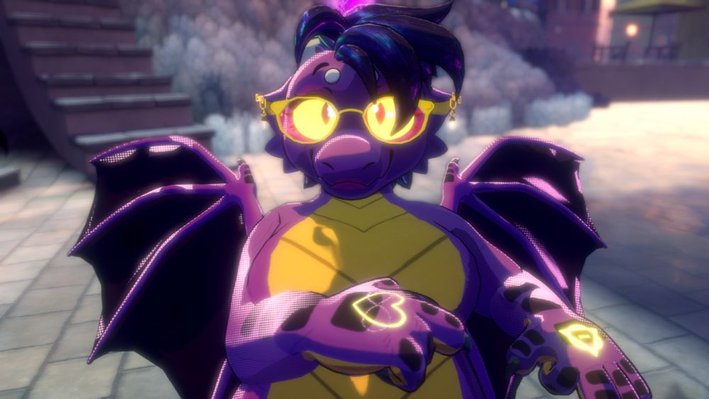 A picture of a dark purple dragoness with rose-colored glasses and nomai-inspired earrings is lounging back, her wings up, her hair messy and disordered.  An old-flag-style poly-infinity-heart on one paw and a therian theta-delta symbol on the other.  Her underbelly is yellow, and her scales are a dark black cut into her stark purple.  She is looking at the camera in a neutral but playful way.