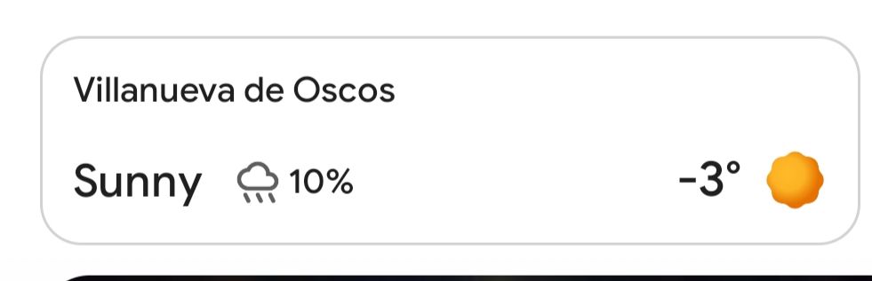 Screenshot van weer, -3 in Villanueva de oscos. Wel zonnig.
