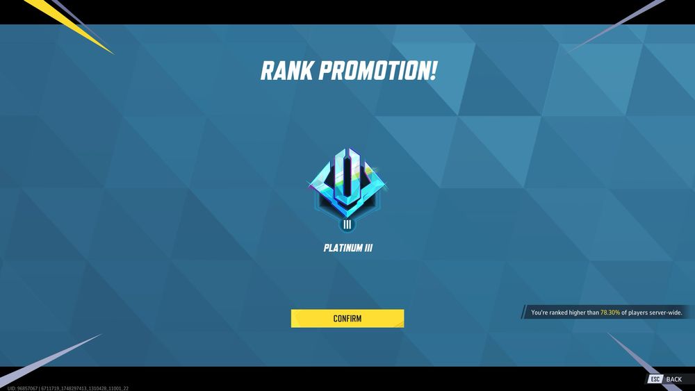 a screenshot from the game marvel rivals showing the rank promotion screen with the platinum 3 badge. it says that this rank is higher than 78.30% of players server wide
