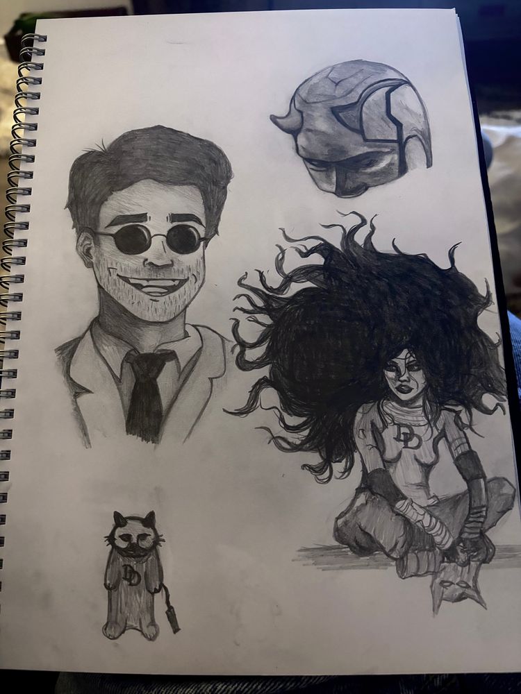 a sketchbook page with various drawings of matt murdock, elektra and daredevil in traditional pencil