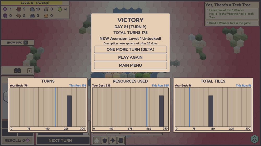 Hexagod victory screen with analytic data