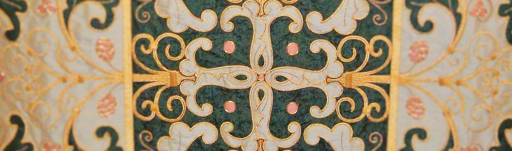 Section of altar cloth in white, gold, green and pink curly design - College Chapel, Strand