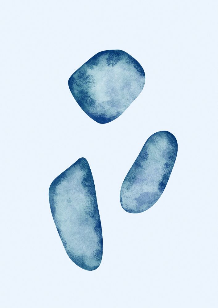 Simple illustration of three stones floating in negative space. They all have an uneven texture. The colors are dark blue, teal, and a greenish light blue.