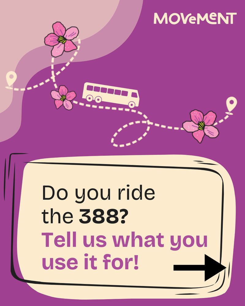 Purple page with bus graphic, pink and green flowers, a Movement logo, and a right arrow. Text says "do you ride the 388? tell us what you use it for". 