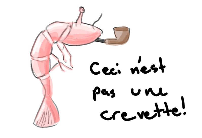 A vastly simplified and anatomically incorrect shrimp is smoking a pipe, while the text next to it reads "Ceci n'est pas une crevette!"
