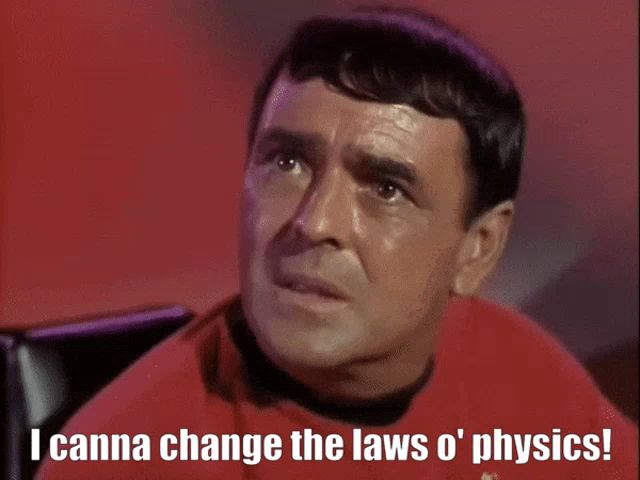 a man in a red shirt with the words i canna change the laws o ' physics