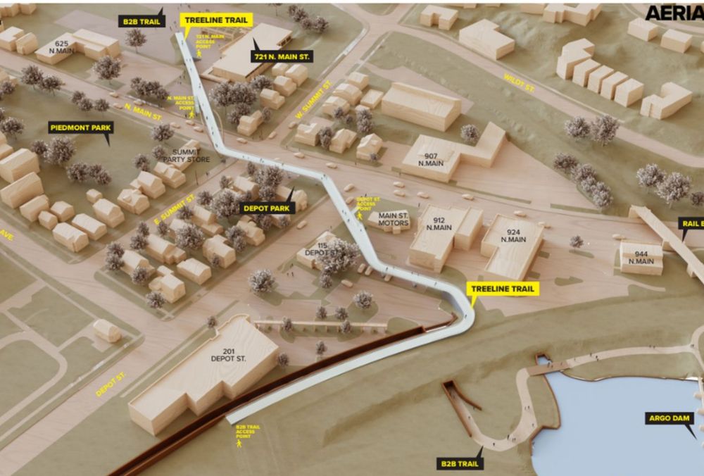 overhead view of a map rending that shows an elevated bike and pedestrian walkway that twists and turns over the landscape