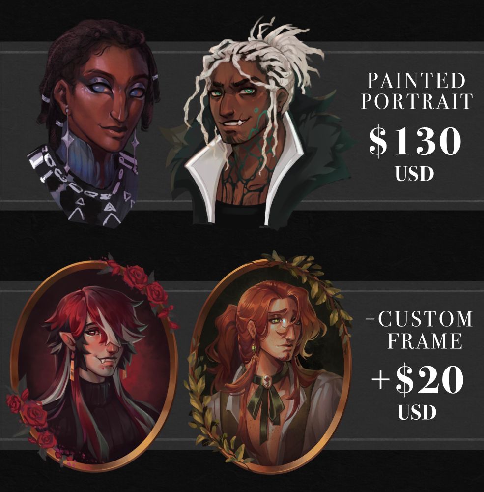 Painted portraits of multiple characters. Painted portraits are listed for $130 USD, with the option of a custom frame available for +$20 USD.