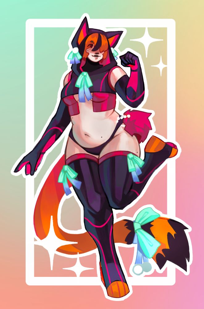 A girl with orange hair dressed in a black, pink, and orange cat themed costume.